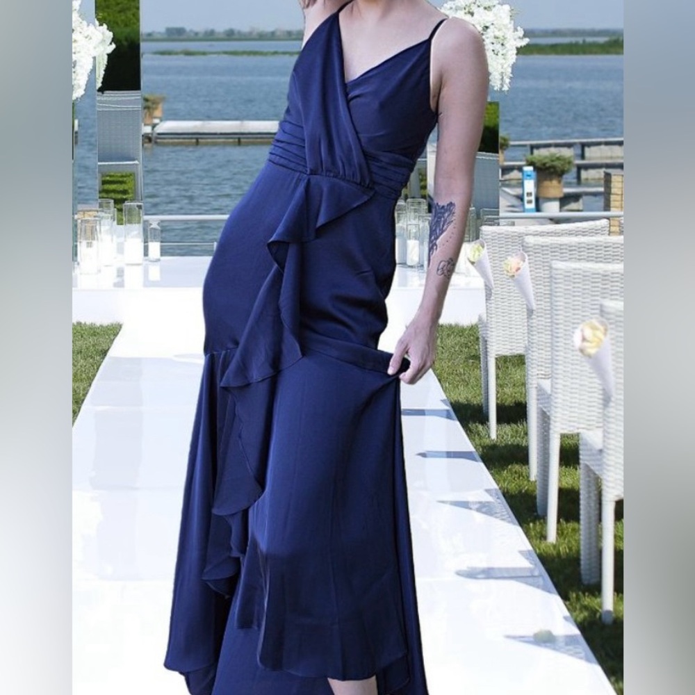 Express Satin Elegant Navy Blue Evening Dress